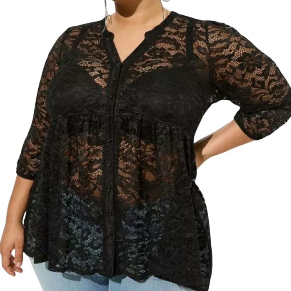 Torrid Sheer Lace Button Down Babydoll Tunic Top Whimsigoth Dark Coquette